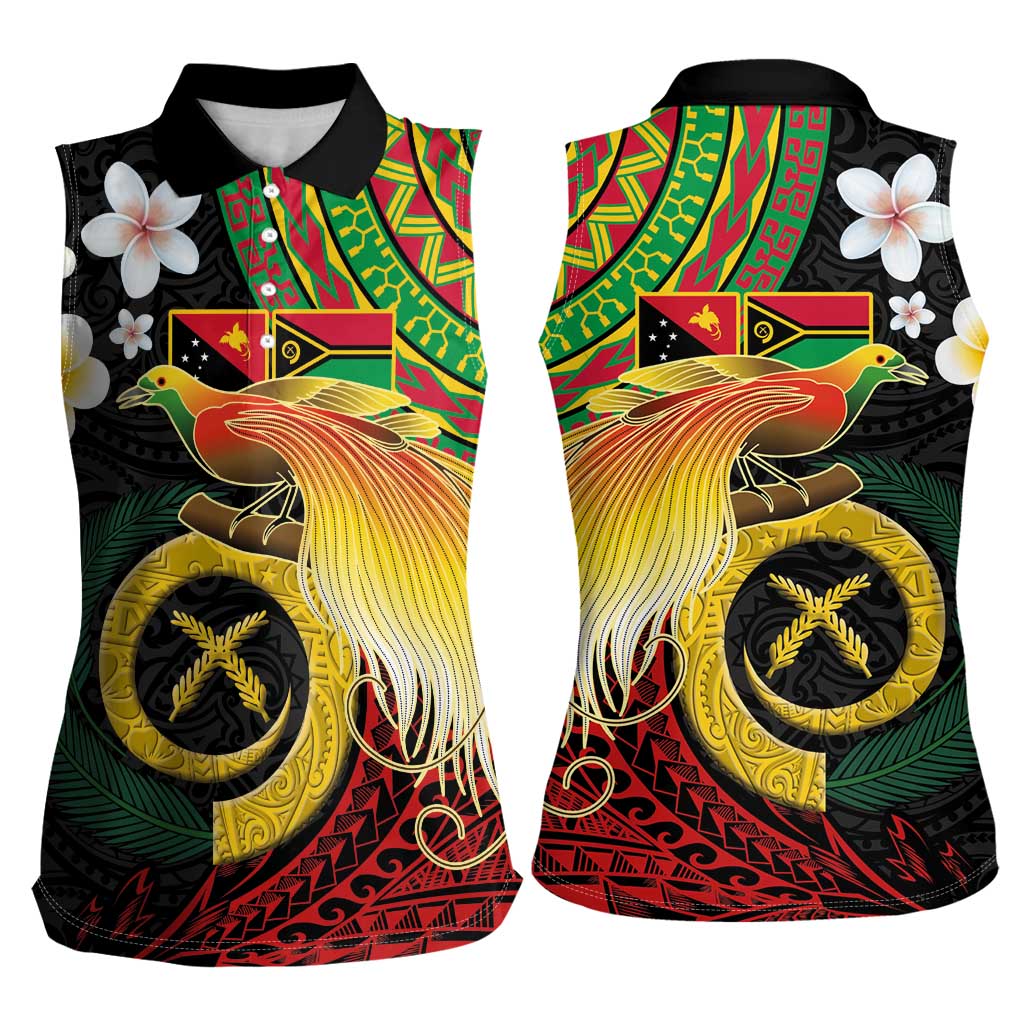 Vanuatu and Papua New Guinea Together Women Sleeveless Polo Shirt Bird-of-paradise and Pig Tusk Melanesian Pattern LT03 - Polynesian Pride