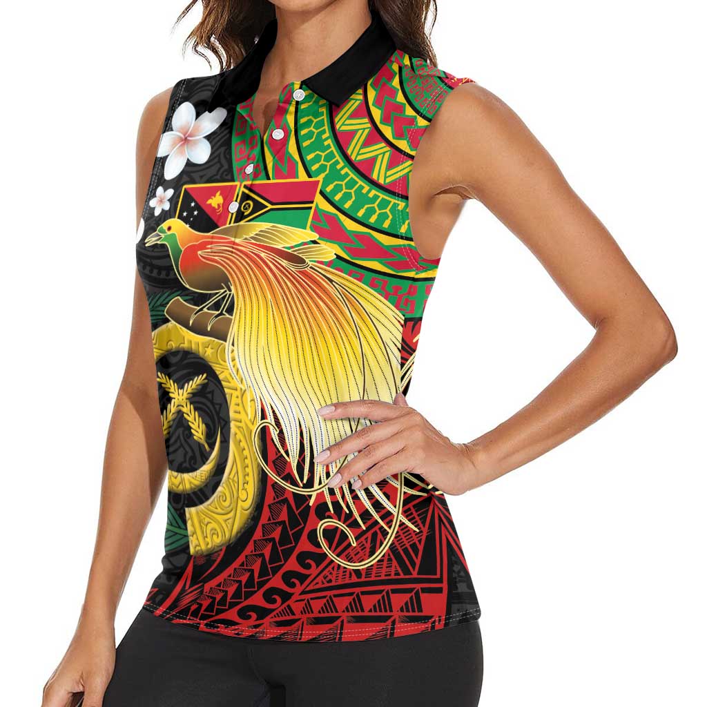 Vanuatu and Papua New Guinea Together Women Sleeveless Polo Shirt Bird-of-paradise and Pig Tusk Melanesian Pattern LT03 - Polynesian Pride
