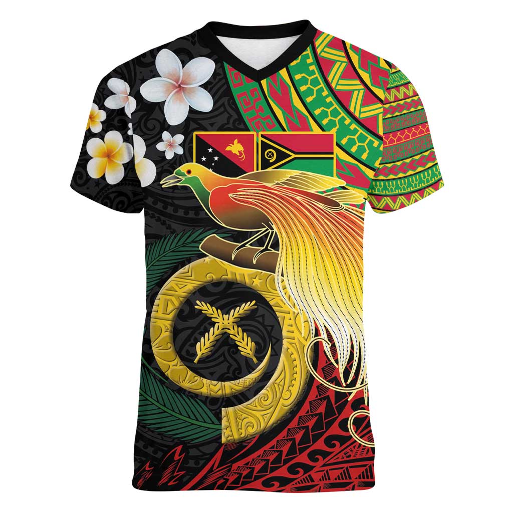 Vanuatu and Papua New Guinea Together Women V-Neck T-Shirt Bird-of-paradise and Pig Tusk Melanesian Pattern LT03 Female Black - Polynesian Pride