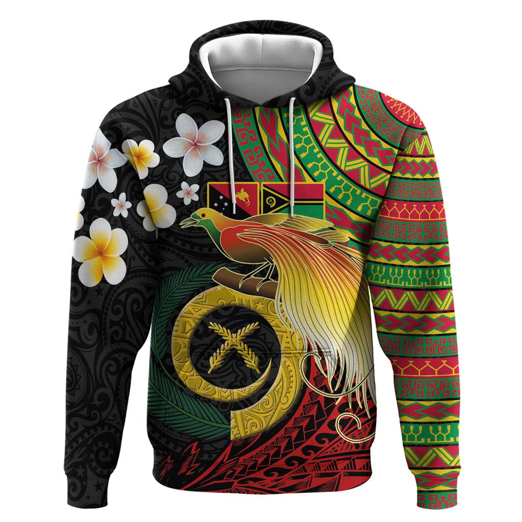 Vanuatu and Papua New Guinea Together Zip Hoodie Bird-of-paradise and Pig Tusk Melanesian Pattern LT03 Pullover Hoodie Black - Polynesian Pride