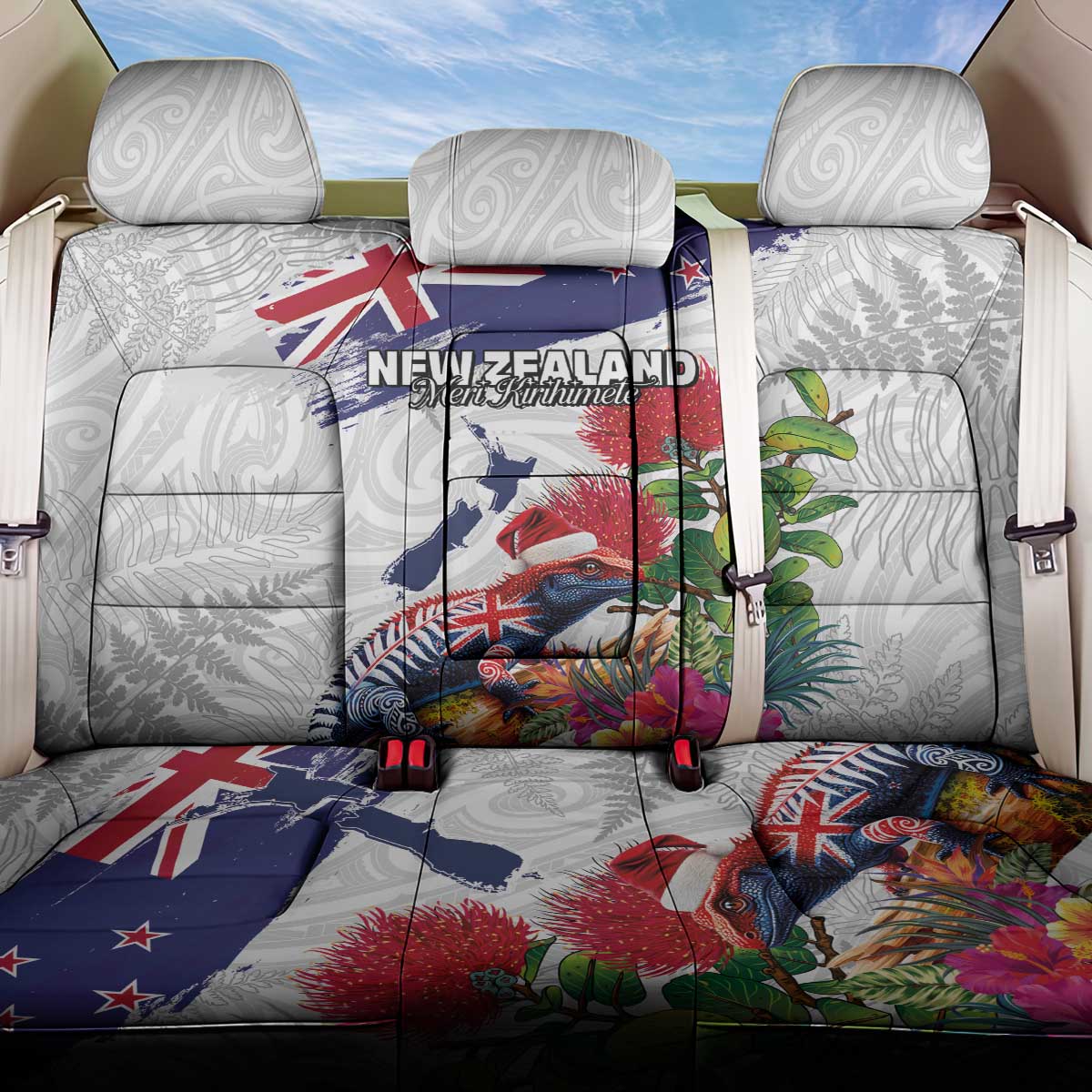 New Zealand Christmas Back Car Seat Cover Meri Kirihimete-Tuatara and Pohutukawa White Color LT03 One Size White - Polynesian Pride