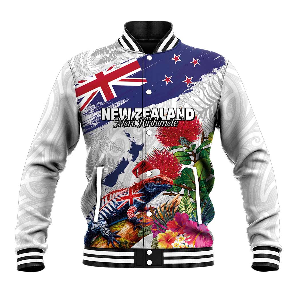 New Zealand Christmas Baseball Jacket Meri Kirihimete-Tuatara and Pohutukawa White Color LT03 Unisex White - Polynesian Pride