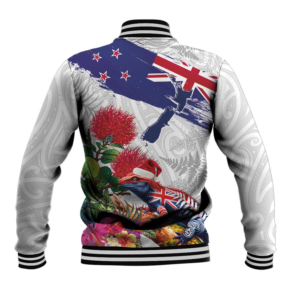 New Zealand Christmas Baseball Jacket Meri Kirihimete-Tuatara and Pohutukawa White Color LT03 - Polynesian Pride