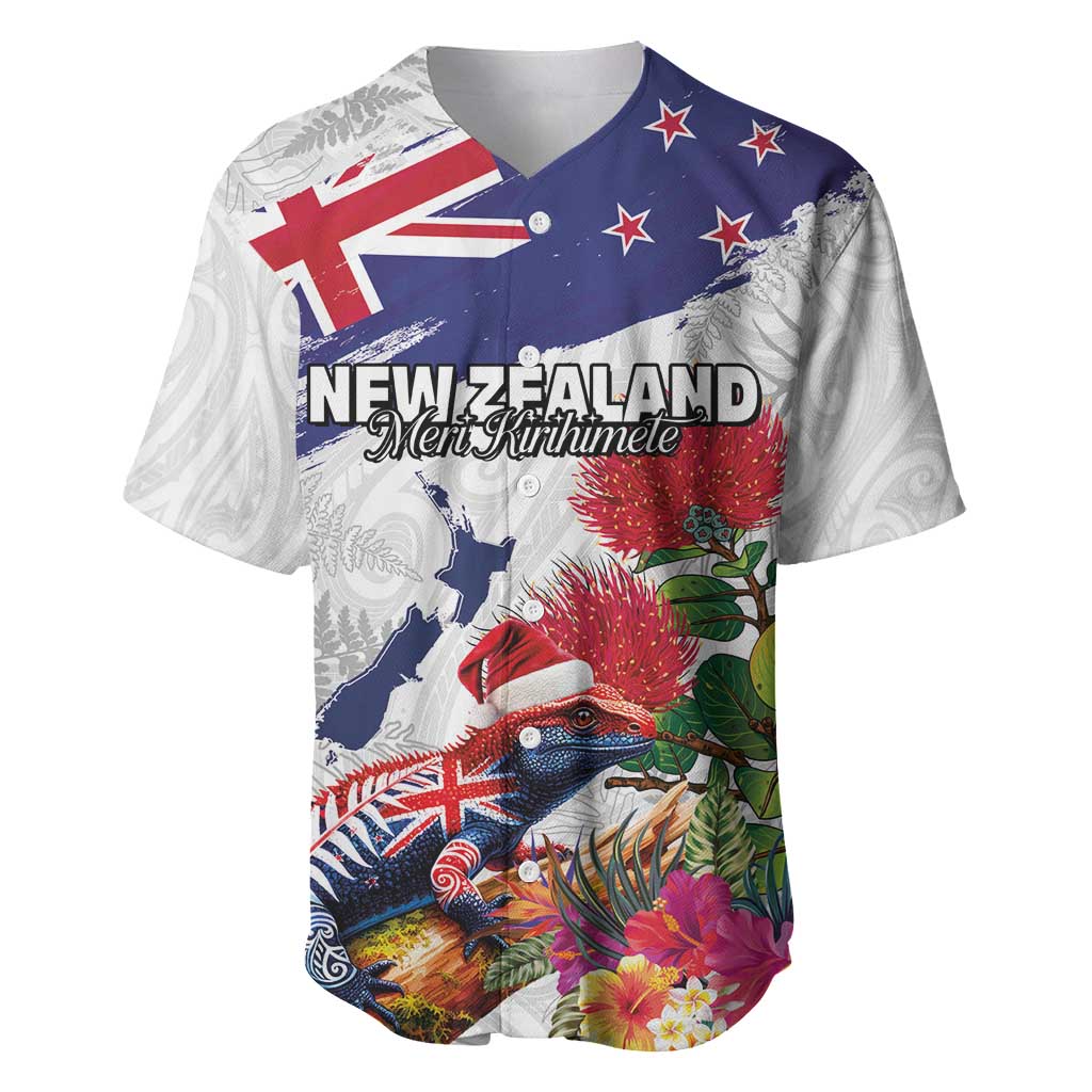 New Zealand Christmas Baseball Jersey Meri Kirihimete-Tuatara and Pohutukawa White Color LT03 White - Polynesian Pride