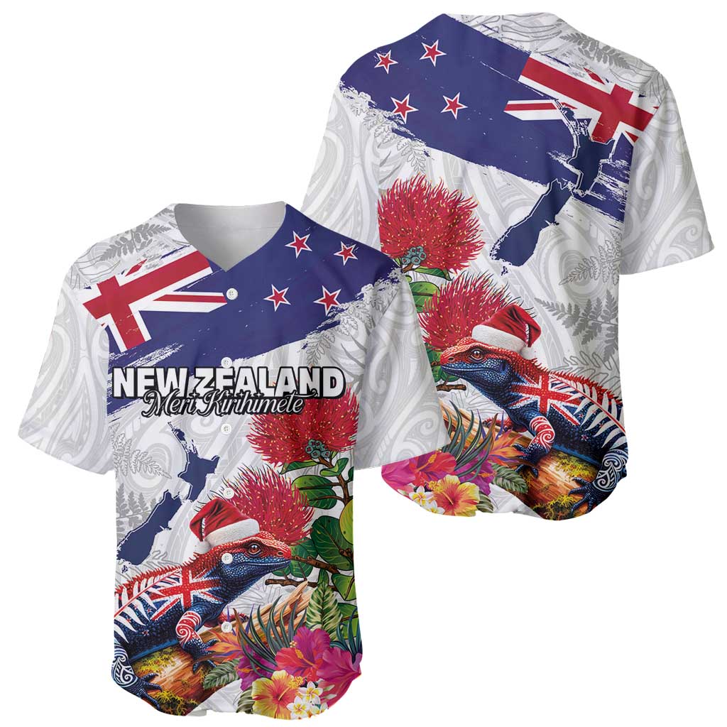 New Zealand Christmas Baseball Jersey Meri Kirihimete-Tuatara and Pohutukawa White Color LT03 - Polynesian Pride