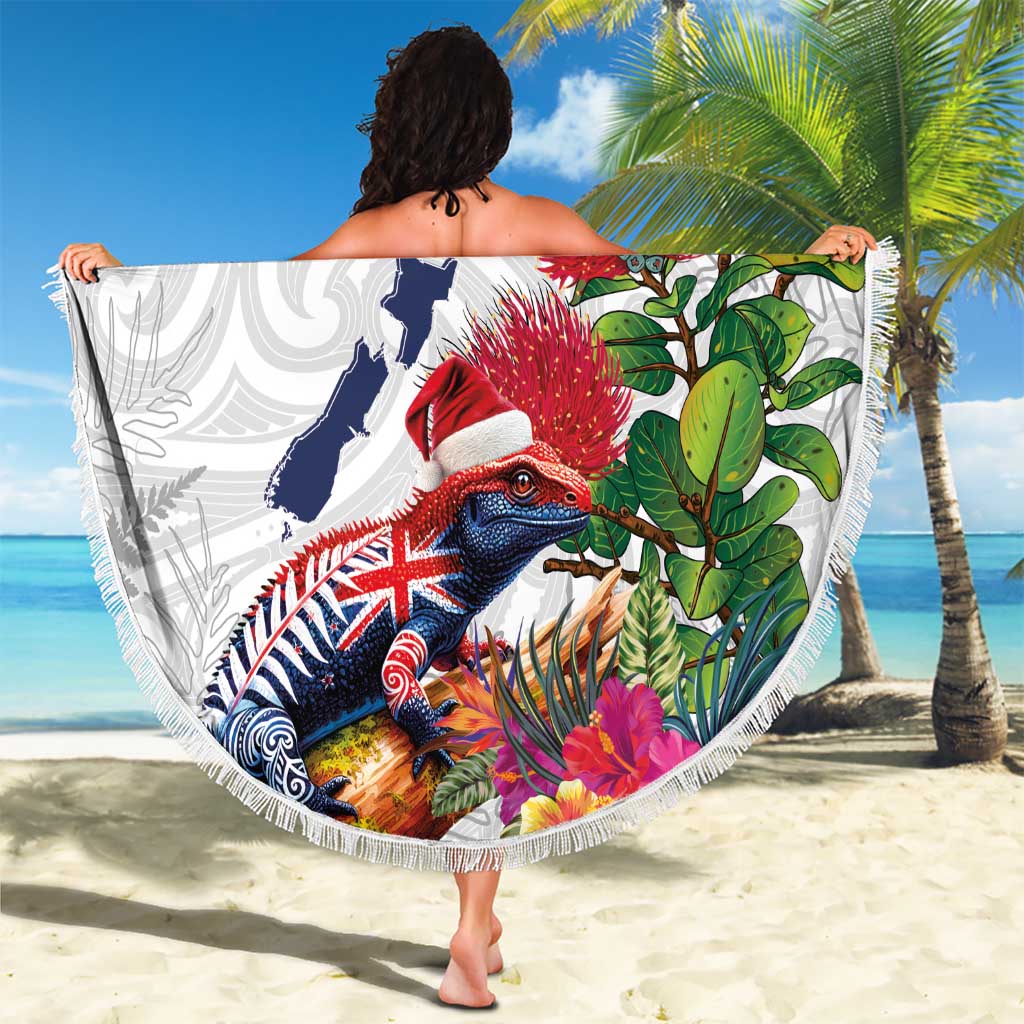 New Zealand Christmas Beach Blanket Meri Kirihimete-Tuatara and Pohutukawa White Color LT03 - Polynesian Pride
