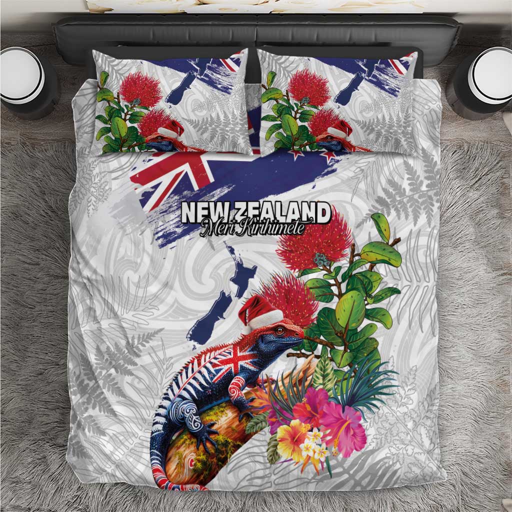 New Zealand Christmas Bedding Set Meri Kirihimete-Tuatara and Pohutukawa White Color LT03 White - Polynesian Pride