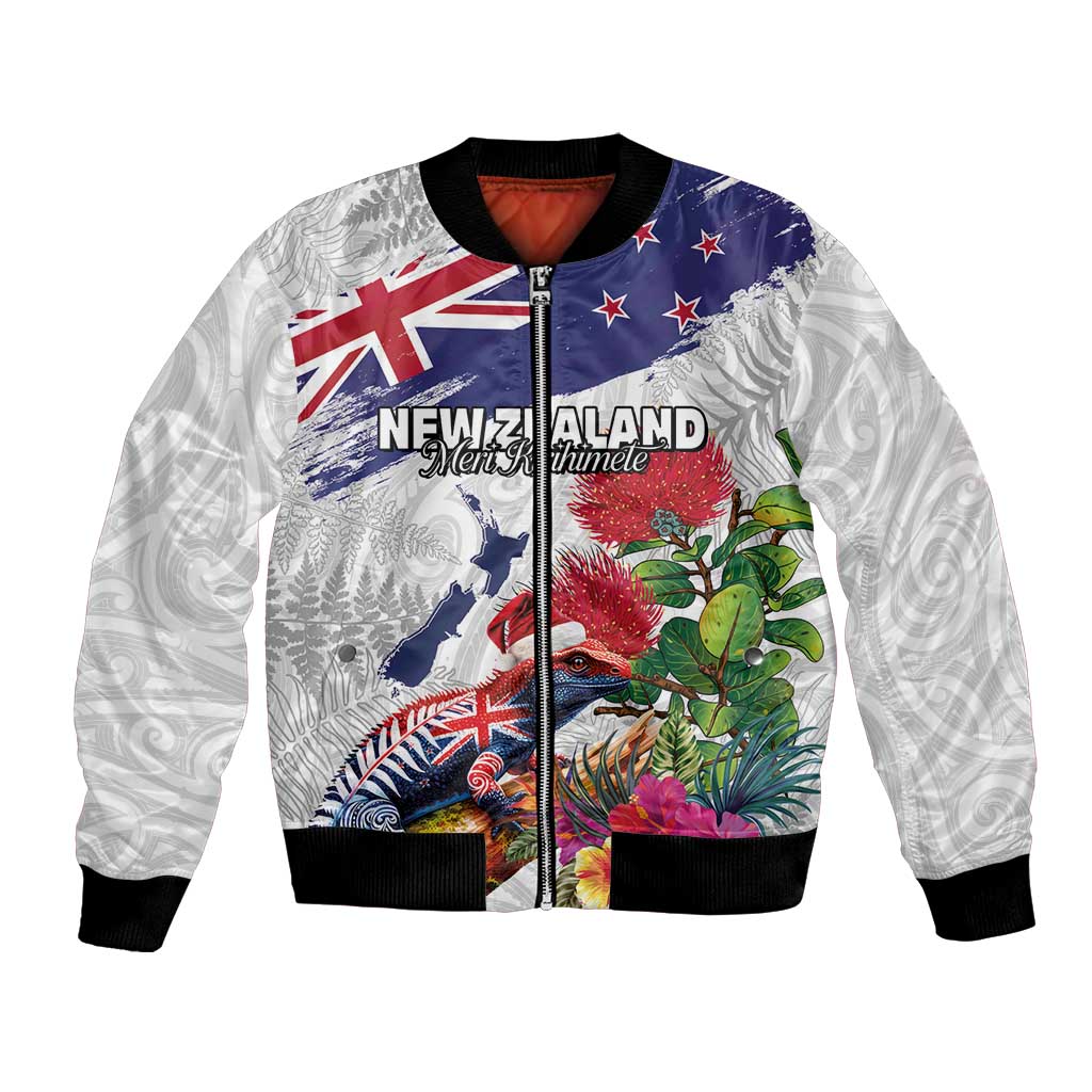 New Zealand Christmas Bomber Jacket Meri Kirihimete-Tuatara and Pohutukawa White Color LT03 Unisex White - Polynesian Pride