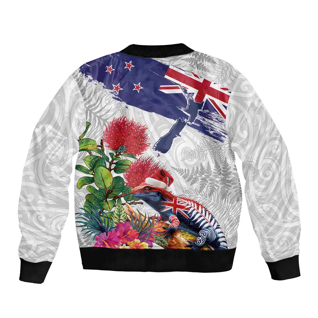 New Zealand Christmas Bomber Jacket Meri Kirihimete-Tuatara and Pohutukawa White Color LT03 - Polynesian Pride