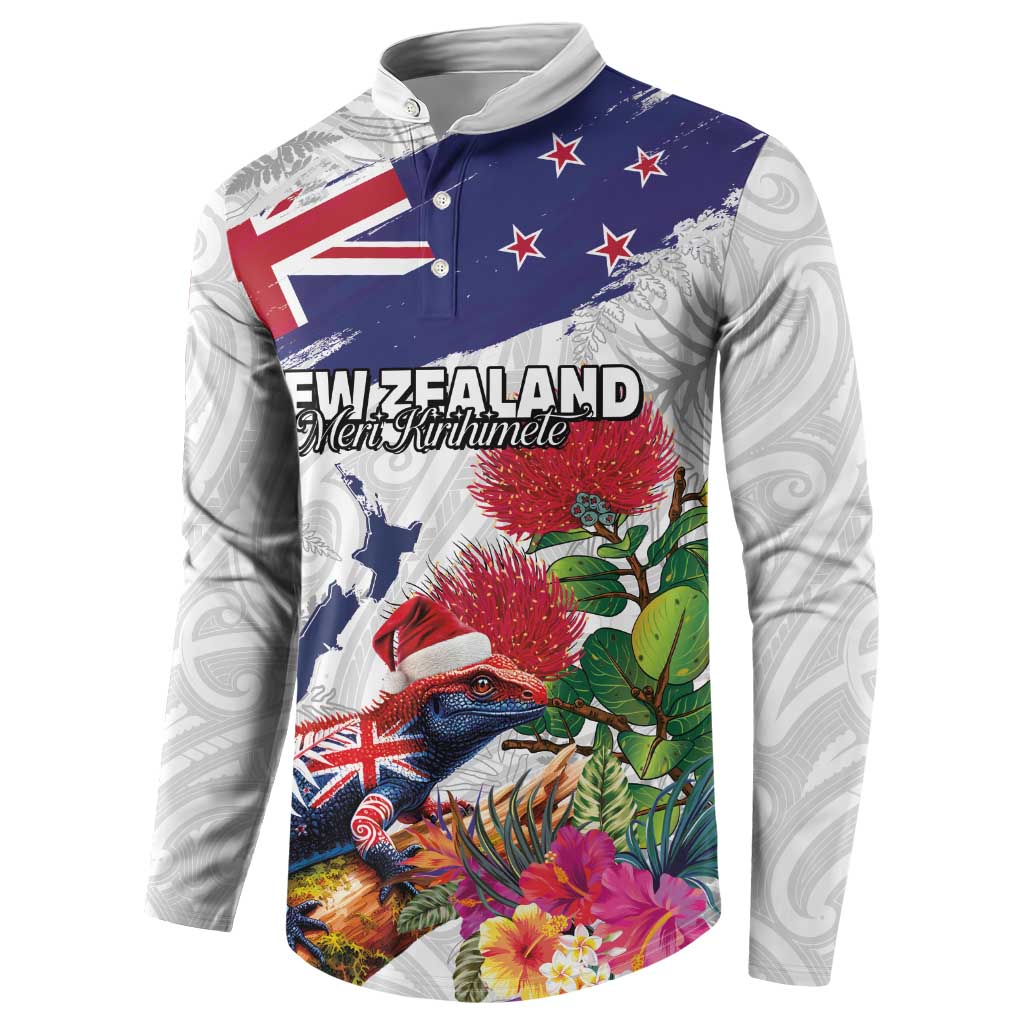 New Zealand Christmas Button Sweatshirt Meri Kirihimete-Tuatara and Pohutukawa White Color LT03 - Polynesian Pride