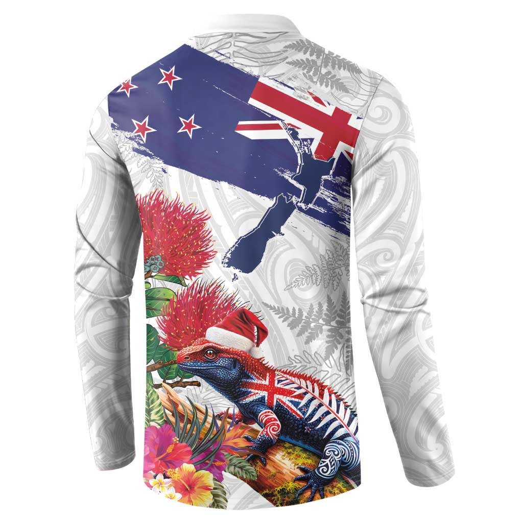 New Zealand Christmas Button Sweatshirt Meri Kirihimete-Tuatara and Pohutukawa White Color LT03 - Polynesian Pride