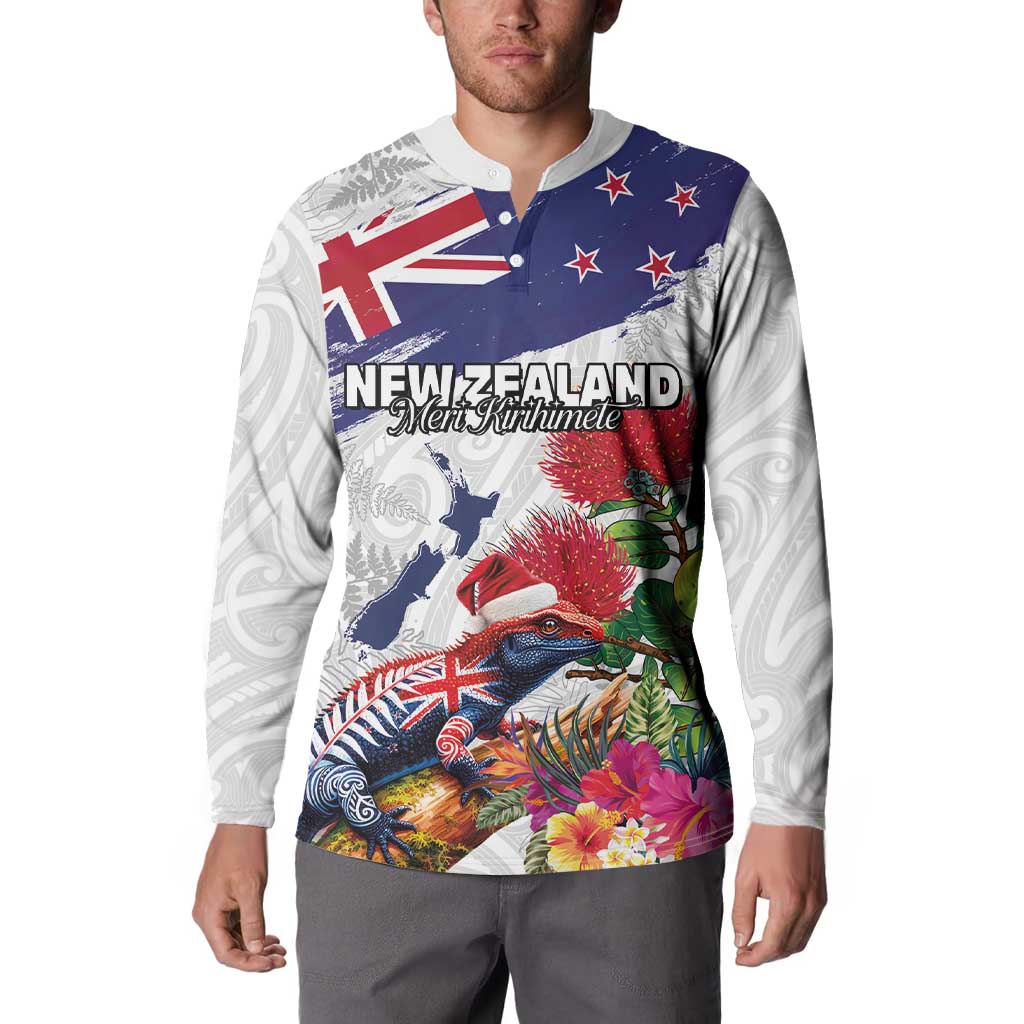 New Zealand Christmas Button Sweatshirt Meri Kirihimete-Tuatara and Pohutukawa White Color LT03 - Polynesian Pride