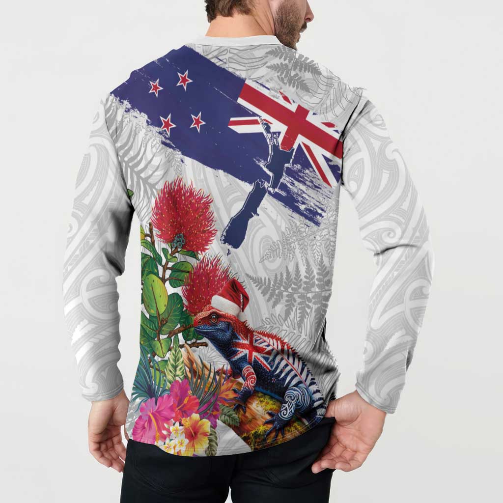 New Zealand Christmas Button Sweatshirt Meri Kirihimete-Tuatara and Pohutukawa White Color LT03 - Polynesian Pride