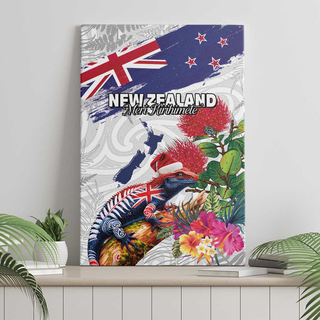 New Zealand Christmas Canvas Wall Art Meri Kirihimete-Tuatara and Pohutukawa White Color LT03 - Polynesian Pride
