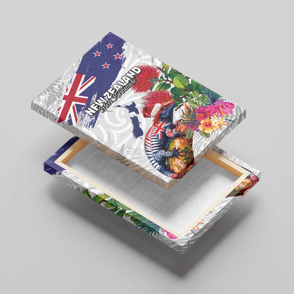 New Zealand Christmas Canvas Wall Art Meri Kirihimete-Tuatara and Pohutukawa White Color LT03 - Polynesian Pride