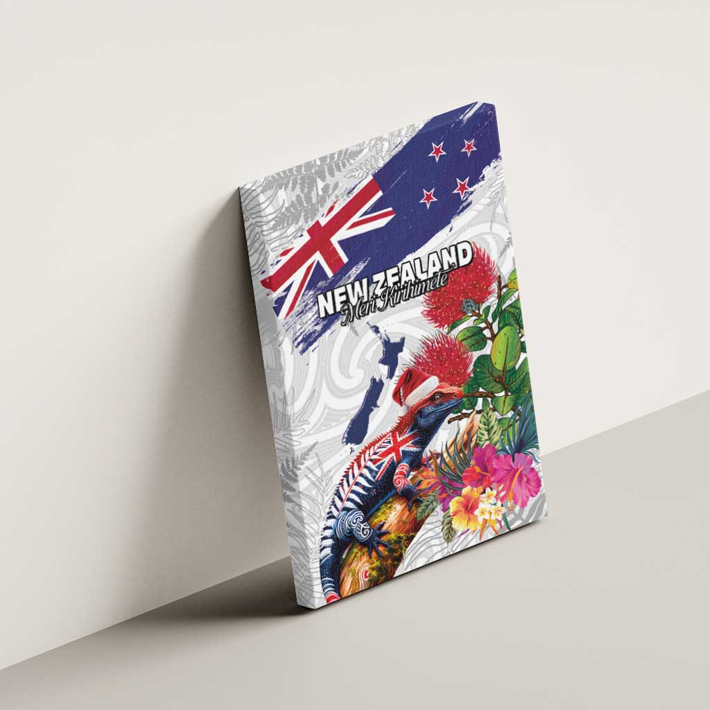 New Zealand Christmas Canvas Wall Art Meri Kirihimete-Tuatara and Pohutukawa White Color LT03 - Polynesian Pride