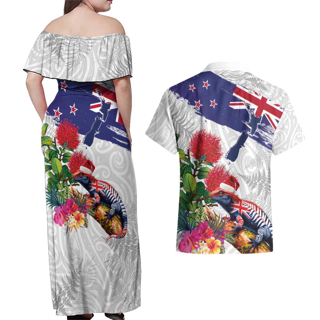 New Zealand Christmas Couples Matching Off Shoulder Maxi Dress and Hawaiian Shirt Meri Kirihimete-Tuatara and Pohutukawa White Color LT03 - Polynesian Pride
