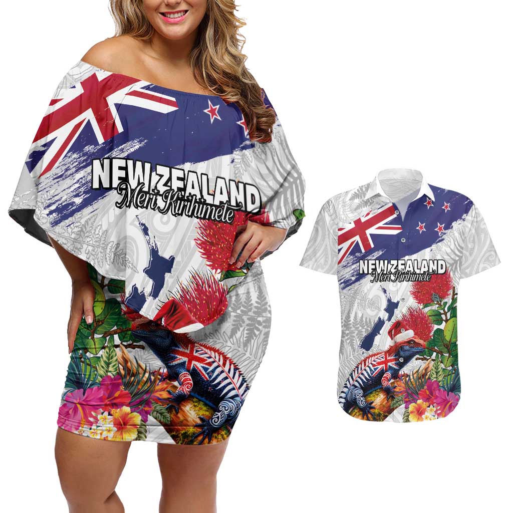 New Zealand Christmas Couples Matching Off Shoulder Short Dress and Hawaiian Shirt Meri Kirihimete-Tuatara and Pohutukawa White Color LT03 White - Polynesian Pride