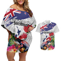 New Zealand Christmas Couples Matching Off Shoulder Short Dress and Hawaiian Shirt Meri Kirihimete-Tuatara and Pohutukawa White Color LT03 White - Polynesian Pride