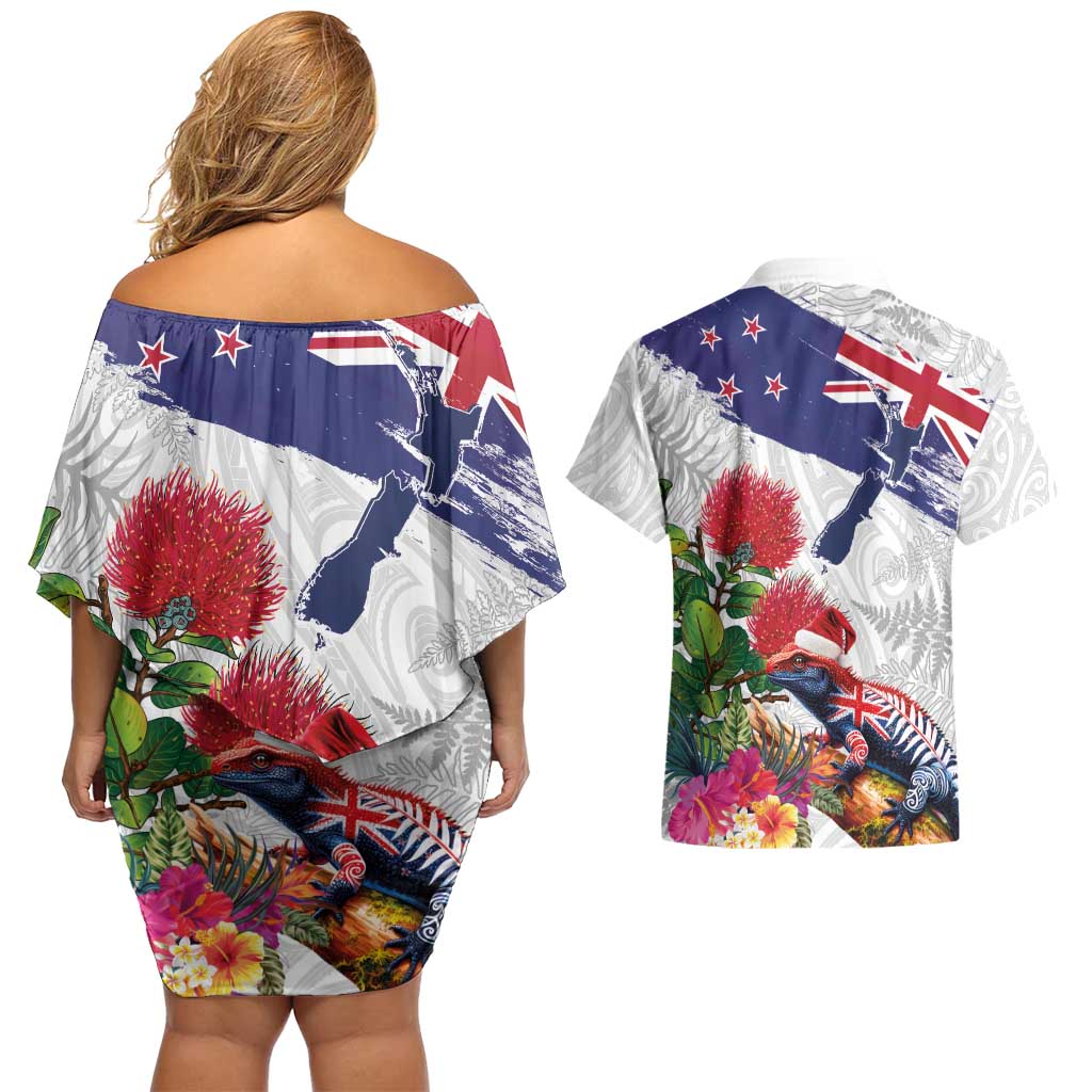 New Zealand Christmas Couples Matching Off Shoulder Short Dress and Hawaiian Shirt Meri Kirihimete-Tuatara and Pohutukawa White Color LT03 - Polynesian Pride