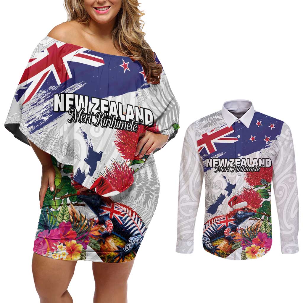 New Zealand Christmas Couples Matching Off Shoulder Short Dress and Long Sleeve Button Shirt Meri Kirihimete-Tuatara and Pohutukawa White Color LT03 White - Polynesian Pride