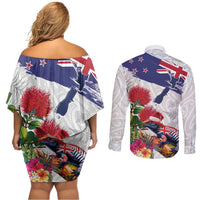 New Zealand Christmas Couples Matching Off Shoulder Short Dress and Long Sleeve Button Shirt Meri Kirihimete-Tuatara and Pohutukawa White Color LT03 - Polynesian Pride