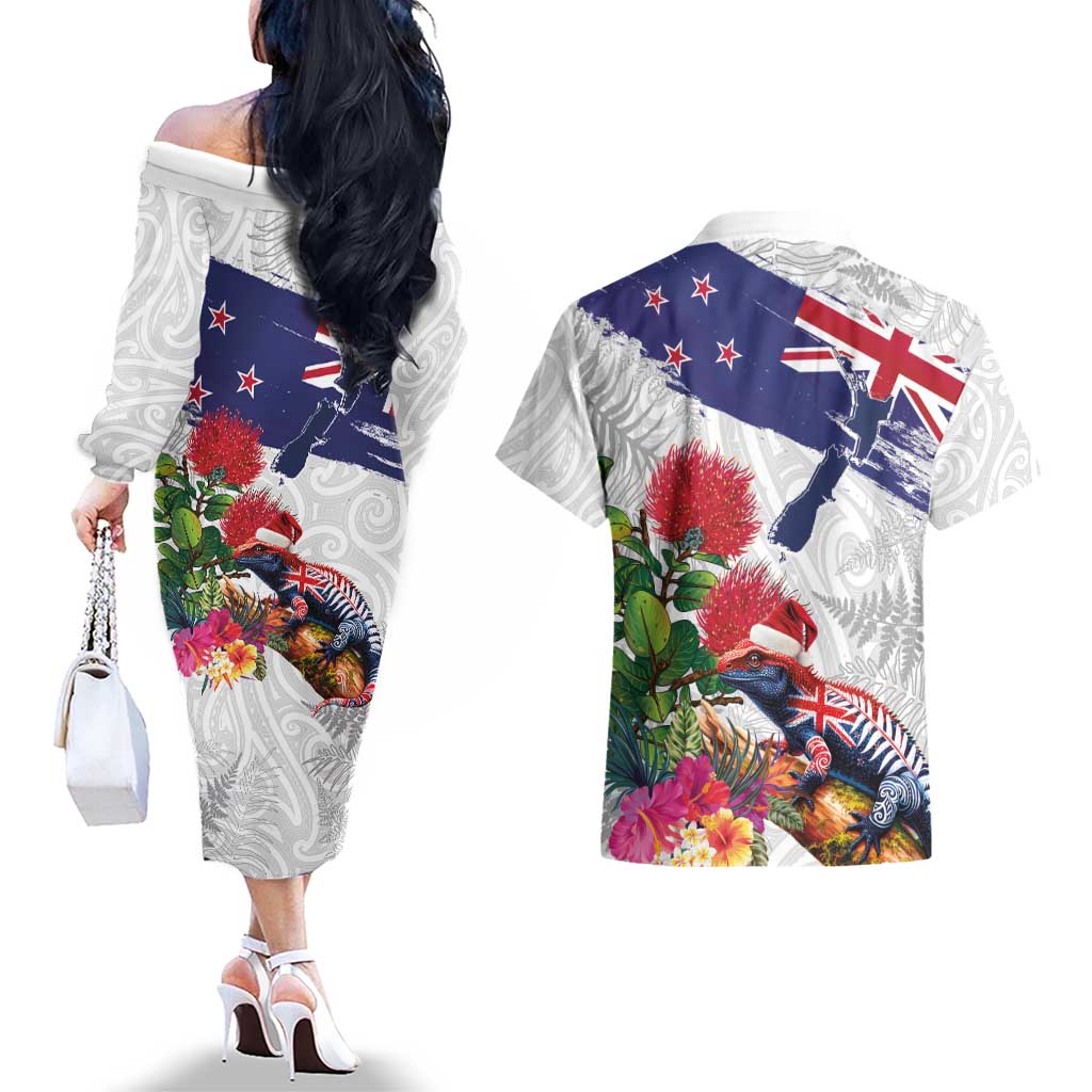 New Zealand Christmas Couples Matching Off The Shoulder Long Sleeve Dress and Hawaiian Shirt Meri Kirihimete-Tuatara and Pohutukawa White Color LT03 - Polynesian Pride
