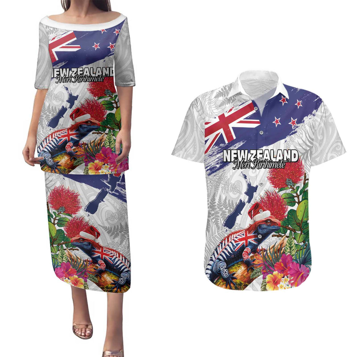 New Zealand Christmas Couples Matching Puletasi and Hawaiian Shirt Meri Kirihimete-Tuatara and Pohutukawa White Color LT03 White - Polynesian Pride