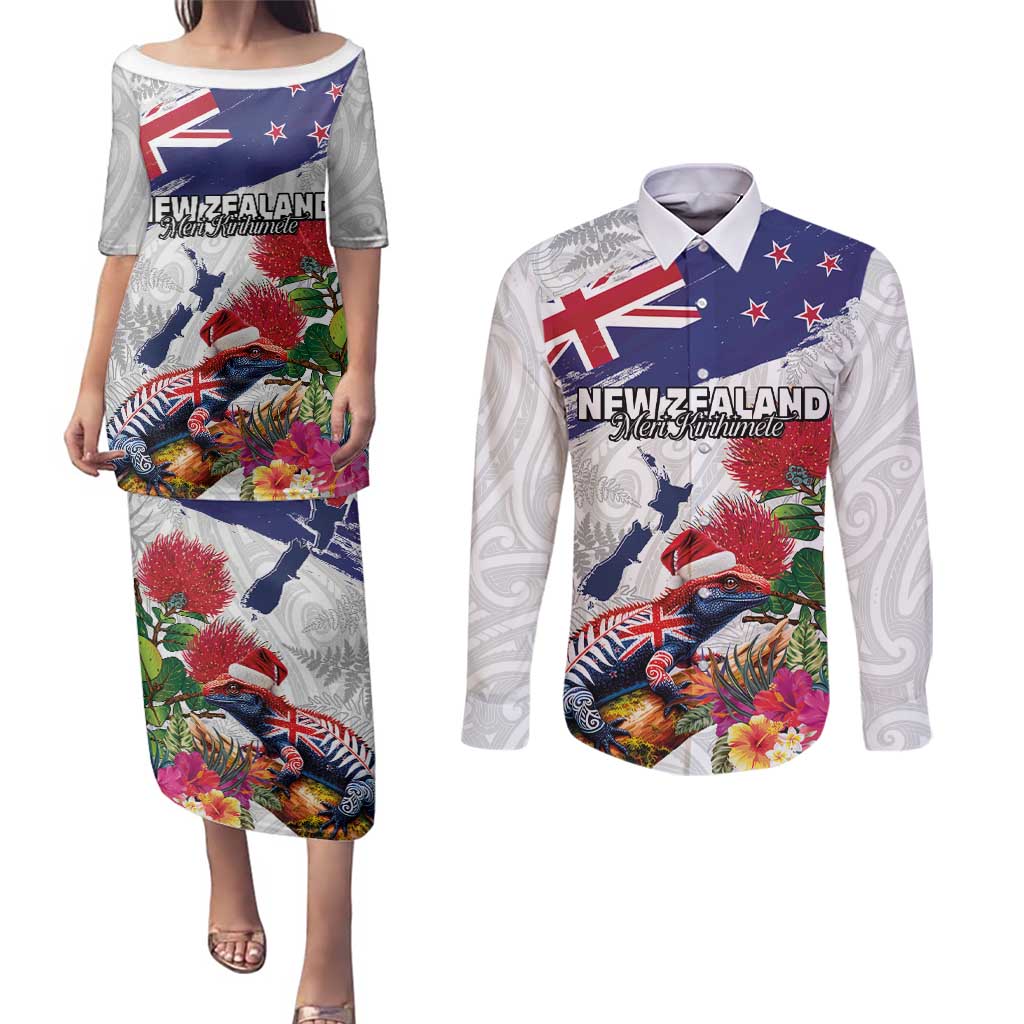 New Zealand Christmas Couples Matching Puletasi and Long Sleeve Button Shirt Meri Kirihimete-Tuatara and Pohutukawa White Color LT03 White - Polynesian Pride