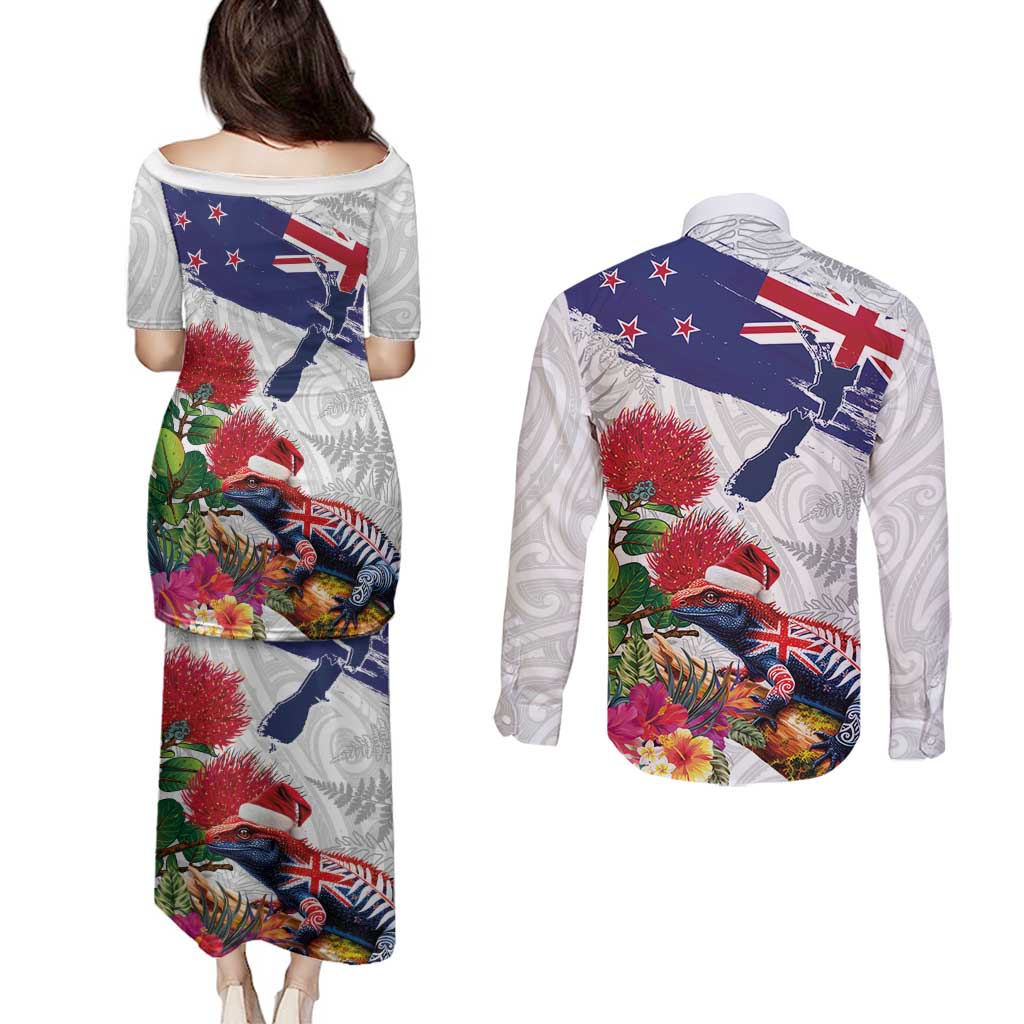 New Zealand Christmas Couples Matching Puletasi and Long Sleeve Button Shirt Meri Kirihimete-Tuatara and Pohutukawa White Color LT03 - Polynesian Pride