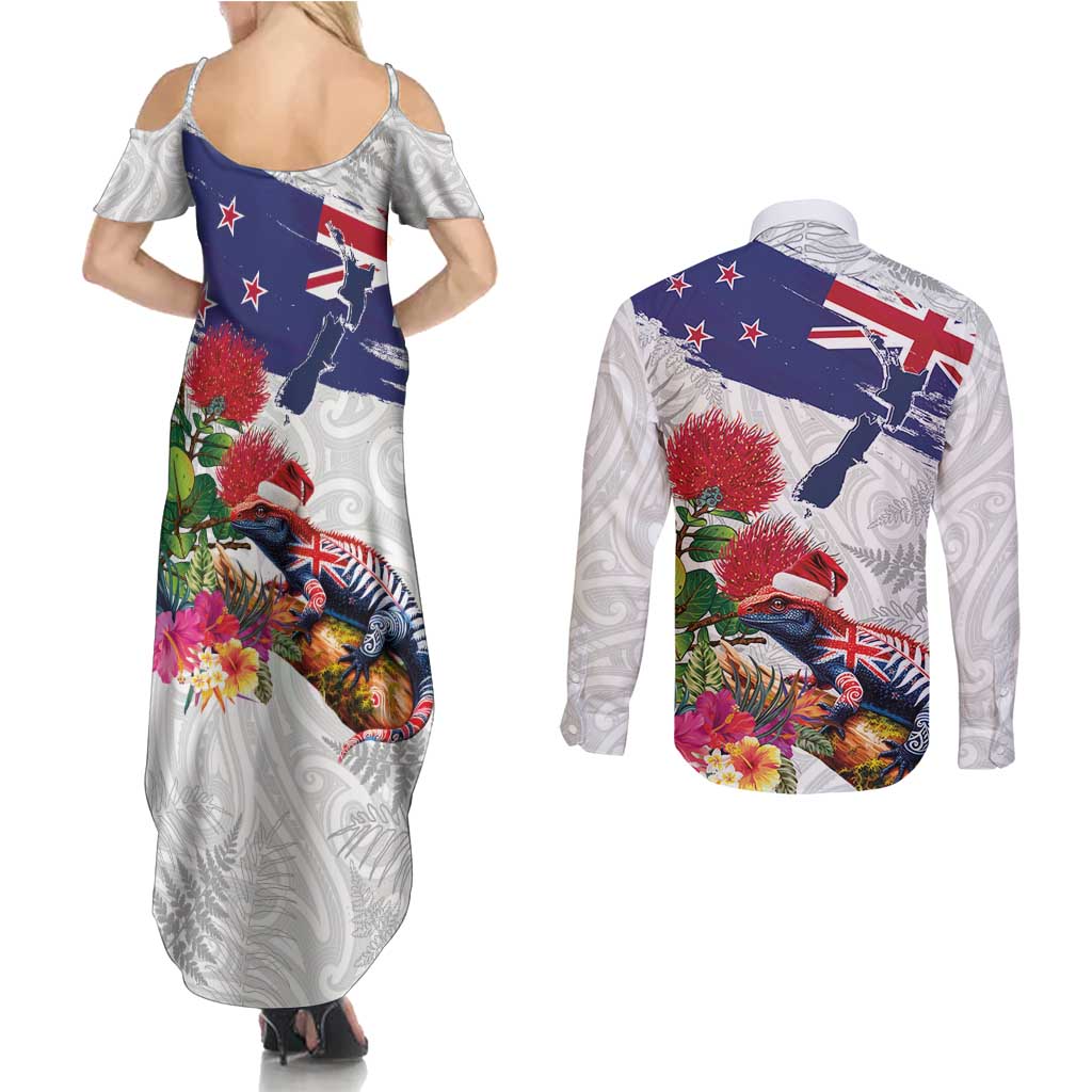 New Zealand Christmas Couples Matching Summer Maxi Dress and Long Sleeve Button Shirt Meri Kirihimete-Tuatara and Pohutukawa White Color LT03 - Polynesian Pride