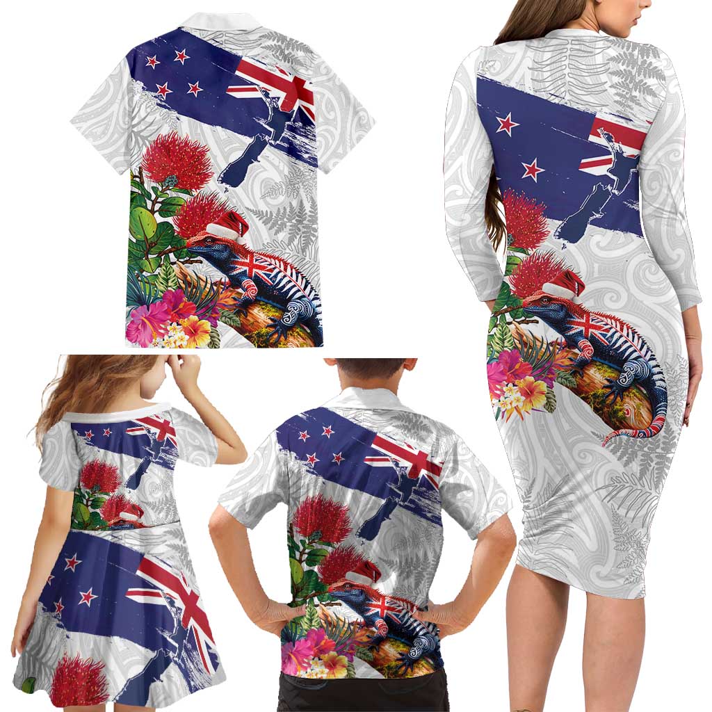 New Zealand Christmas Family Matching Long Sleeve Bodycon Dress and Hawaiian Shirt Meri Kirihimete-Tuatara and Pohutukawa White Color LT03 - Polynesian Pride