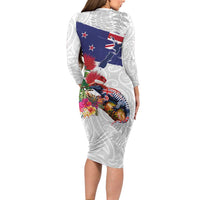 New Zealand Christmas Family Matching Long Sleeve Bodycon Dress and Hawaiian Shirt Meri Kirihimete-Tuatara and Pohutukawa White Color LT03 - Polynesian Pride