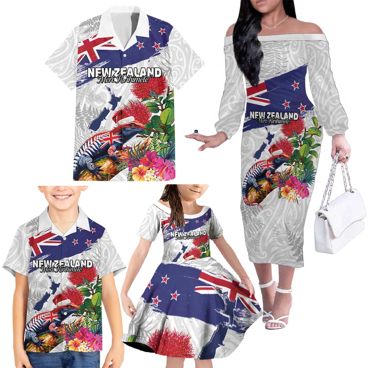 New Zealand Christmas Family Matching Off The Shoulder Long Sleeve Dress and Hawaiian Shirt Meri Kirihimete-Tuatara and Pohutukawa White Color LT03 - Polynesian Pride