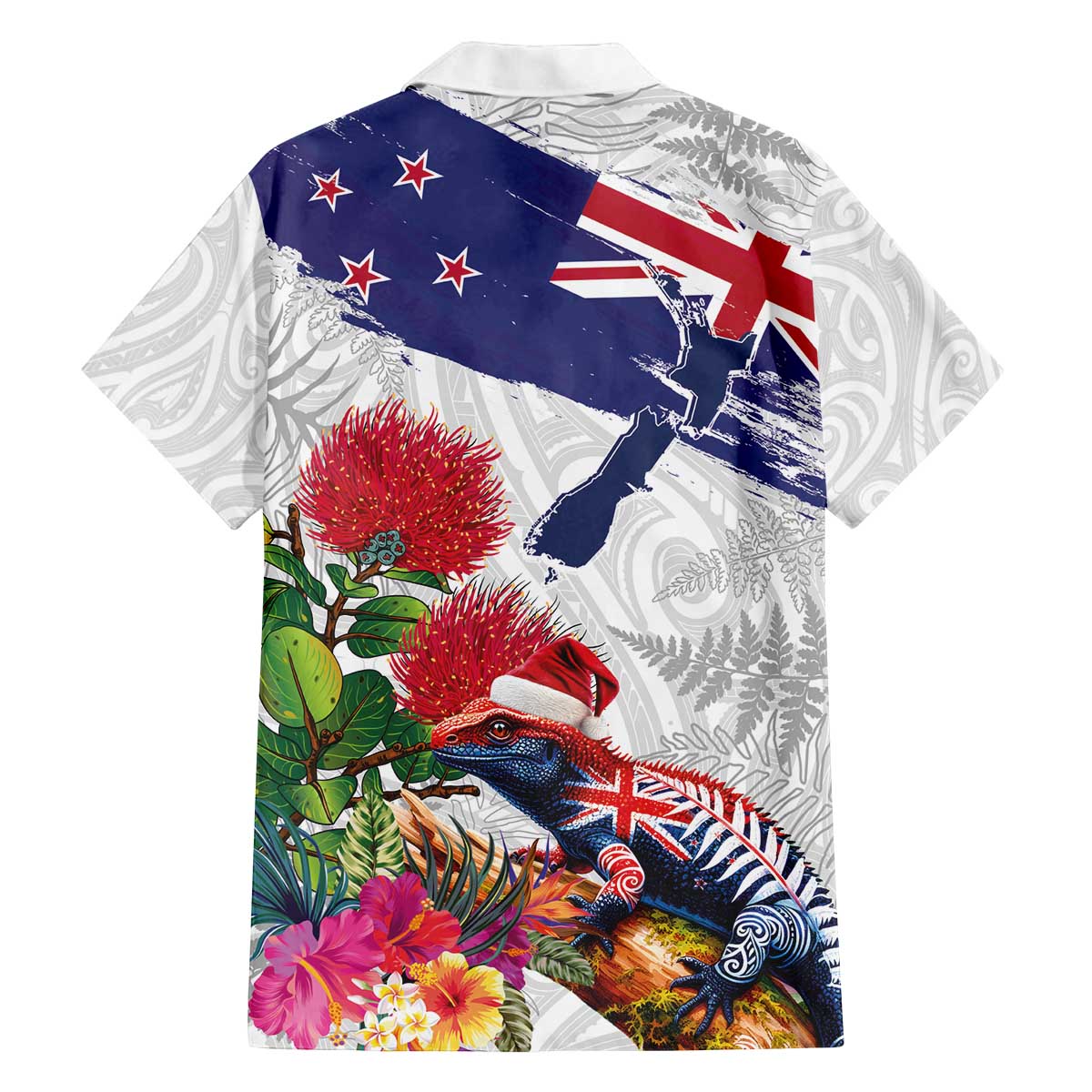 New Zealand Christmas Family Matching Off The Shoulder Long Sleeve Dress and Hawaiian Shirt Meri Kirihimete-Tuatara and Pohutukawa White Color LT03 - Polynesian Pride