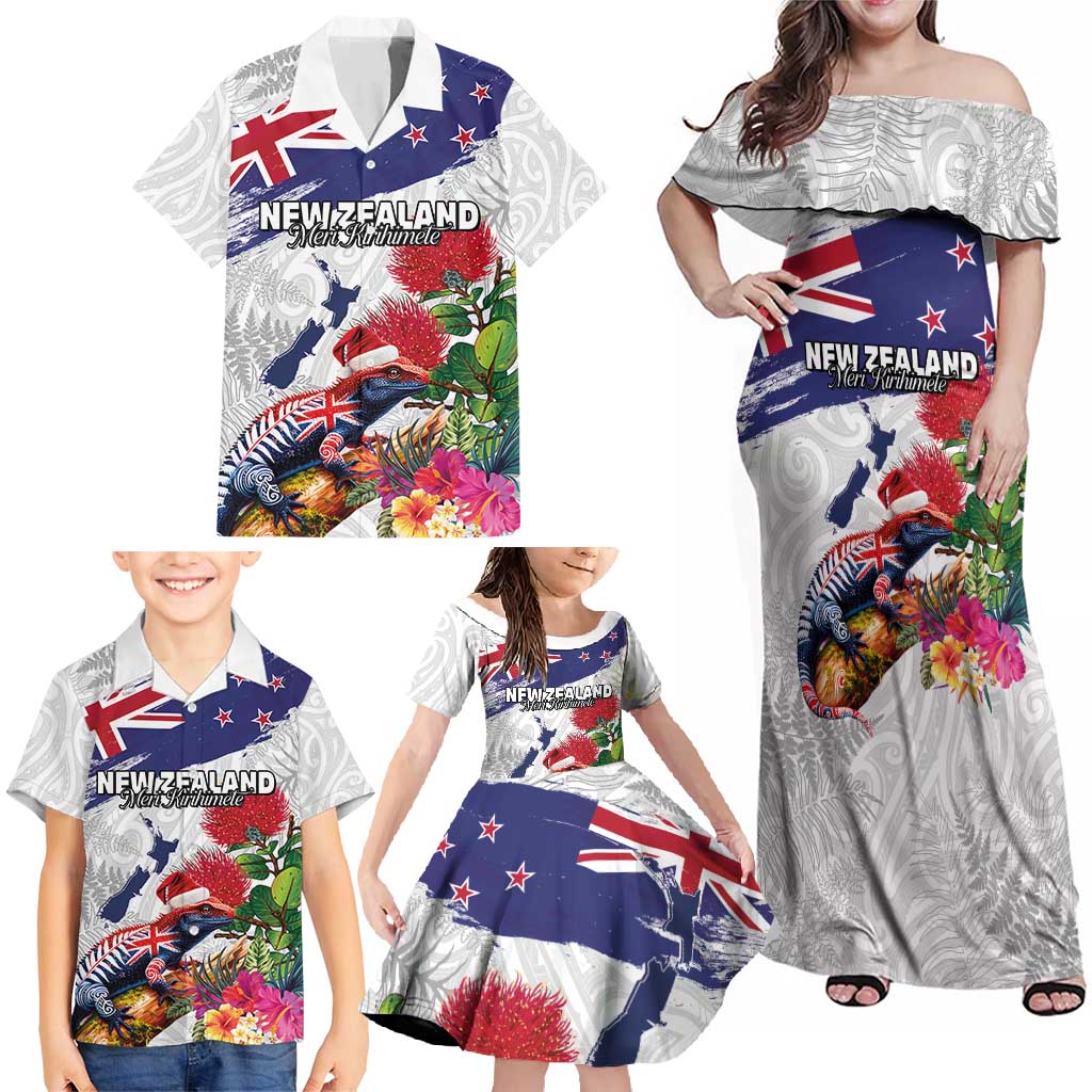 New Zealand Christmas Family Matching Off Shoulder Maxi Dress and Hawaiian Shirt Meri Kirihimete-Tuatara and Pohutukawa White Color LT03 - Polynesian Pride