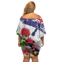 New Zealand Christmas Family Matching Off Shoulder Short Dress and Hawaiian Shirt Meri Kirihimete-Tuatara and Pohutukawa White Color LT03 - Polynesian Pride