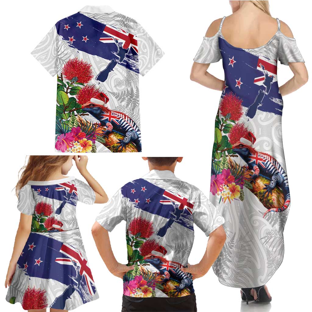 New Zealand Christmas Family Matching Summer Maxi Dress and Hawaiian Shirt Meri Kirihimete-Tuatara and Pohutukawa White Color LT03 - Polynesian Pride
