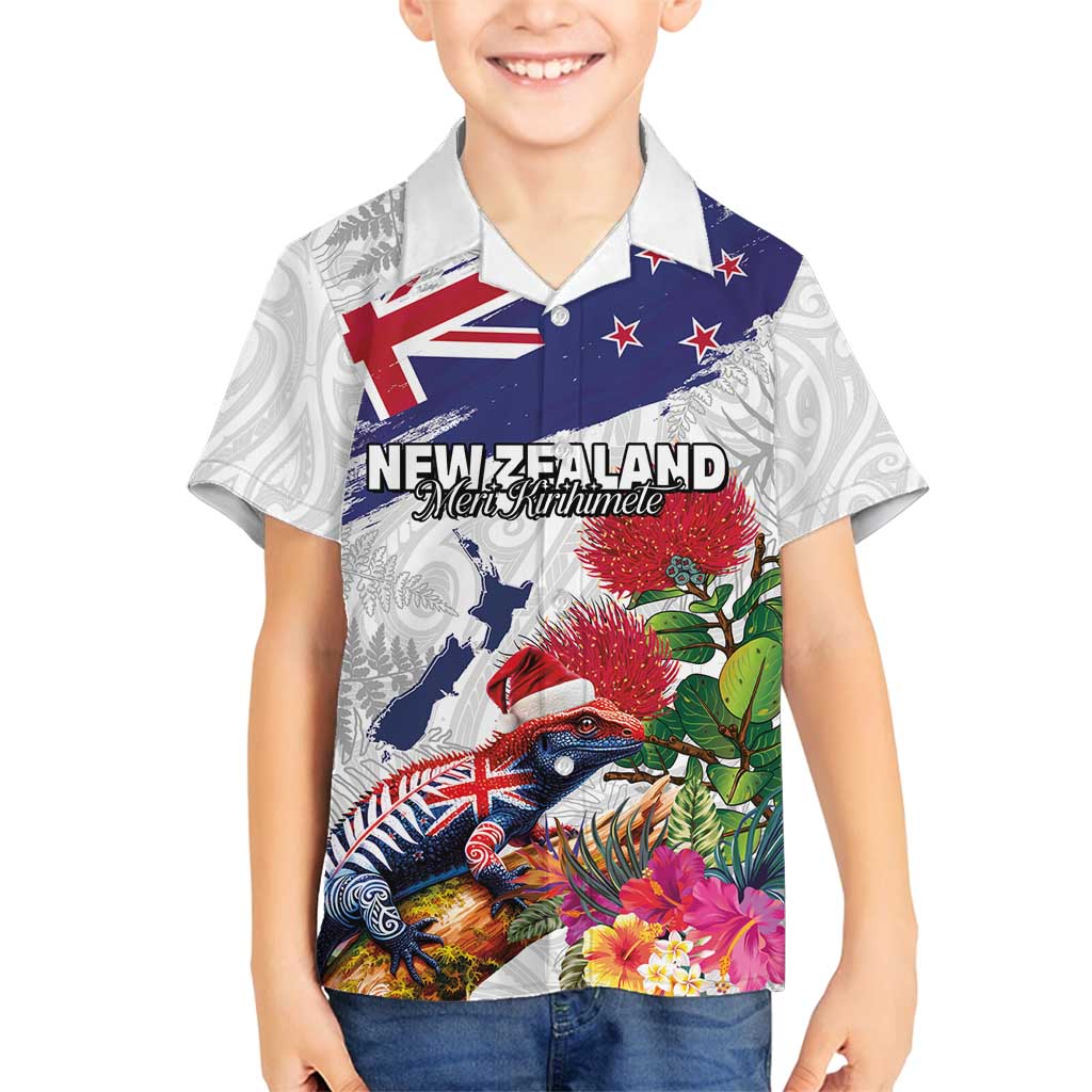 New Zealand Christmas Family Matching Summer Maxi Dress and Hawaiian Shirt Meri Kirihimete-Tuatara and Pohutukawa White Color LT03 Son's Shirt White - Polynesian Pride