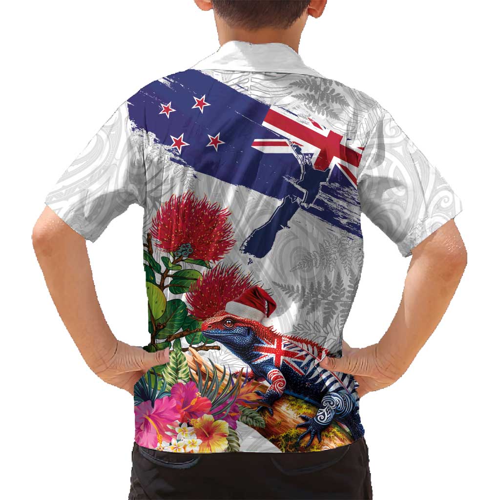 New Zealand Christmas Family Matching Tank Maxi Dress and Hawaiian Shirt Meri Kirihimete-Tuatara and Pohutukawa White Color LT03 - Polynesian Pride