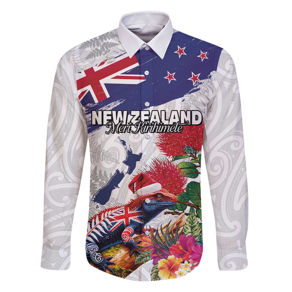 New Zealand Christmas Family Matching Tank Maxi Dress and Hawaiian Shirt Meri Kirihimete-Tuatara and Pohutukawa White Color LT03 Dad's Shirt - Long Sleeve White - Polynesian Pride