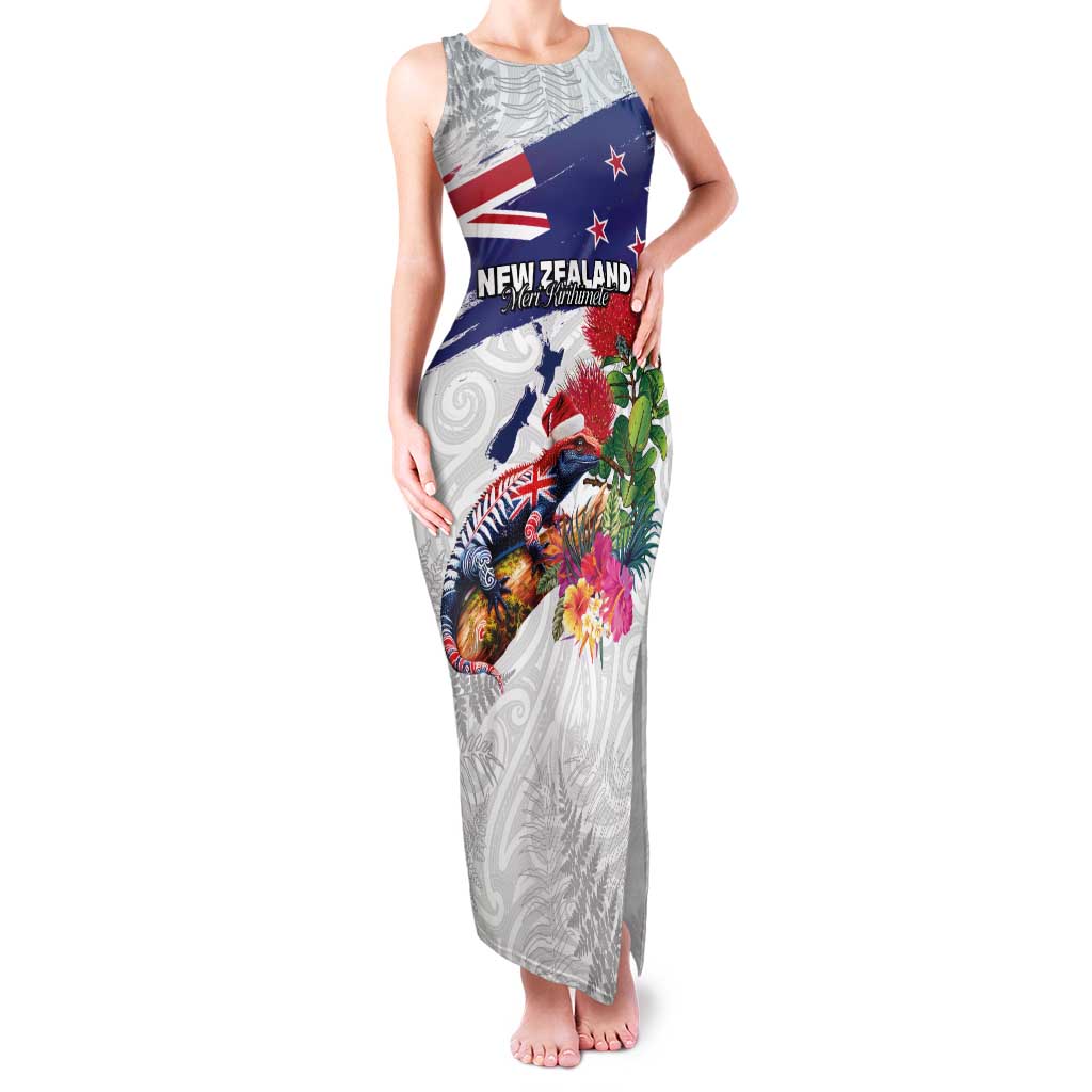 New Zealand Christmas Family Matching Tank Maxi Dress and Hawaiian Shirt Meri Kirihimete-Tuatara and Pohutukawa White Color LT03 Mom's Dress White - Polynesian Pride