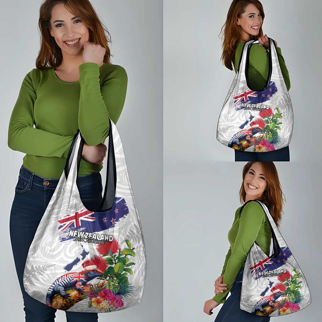 New Zealand Christmas Grocery Bag Meri Kirihimete-Tuatara and Pohutukawa White Color LT03 - Polynesian Pride
