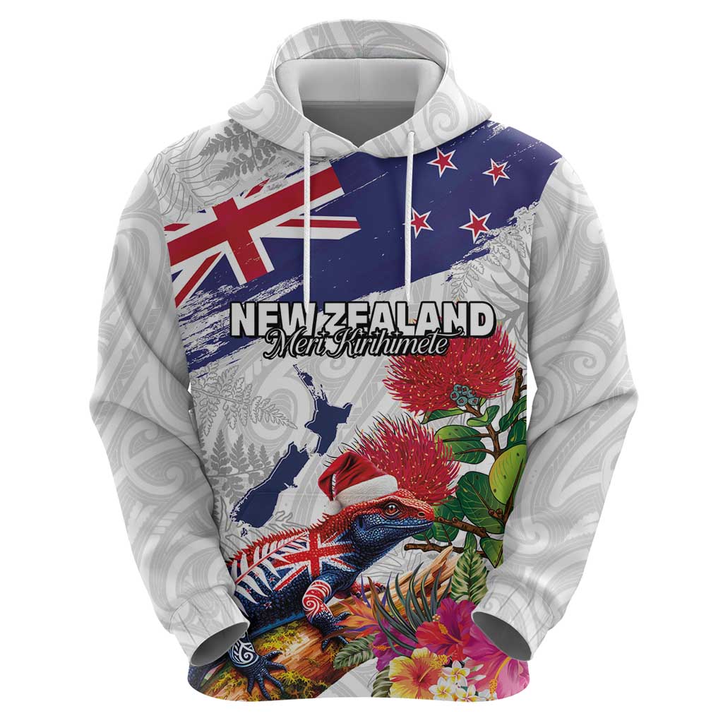 New Zealand Christmas Hoodie Meri Kirihimete-Tuatara and Pohutukawa White Color LT03 - Polynesian Pride