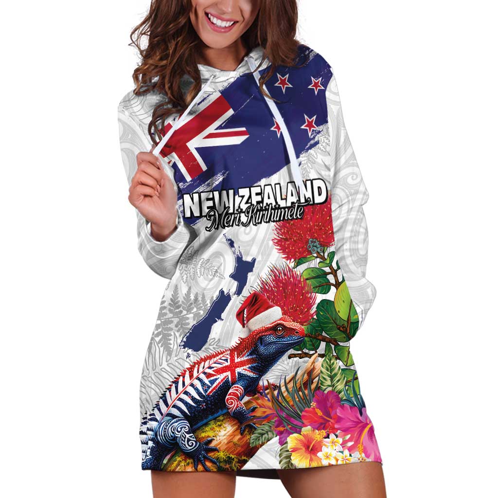 New Zealand Christmas Hoodie Dress Meri Kirihimete-Tuatara and Pohutukawa White Color LT03 White - Polynesian Pride
