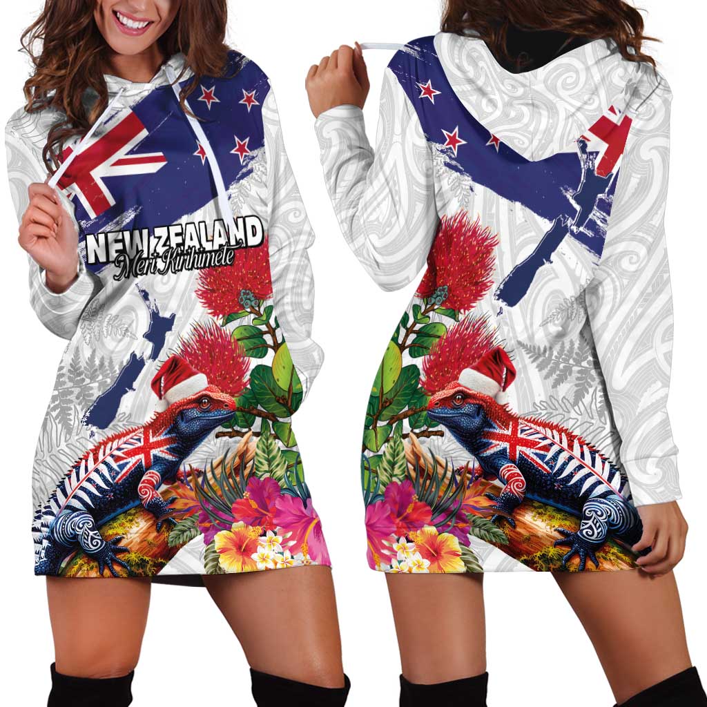 New Zealand Christmas Hoodie Dress Meri Kirihimete-Tuatara and Pohutukawa White Color LT03 - Polynesian Pride