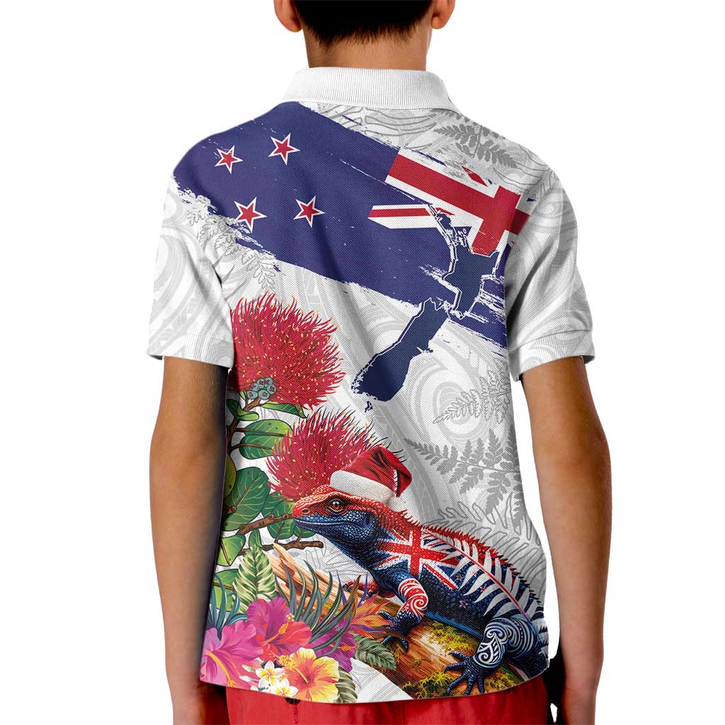 New Zealand Christmas Kid Polo Shirt Meri Kirihimete-Tuatara and Pohutukawa White Color LT03 - Polynesian Pride