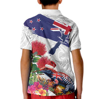 New Zealand Christmas Kid Polo Shirt Meri Kirihimete-Tuatara and Pohutukawa White Color LT03 - Polynesian Pride