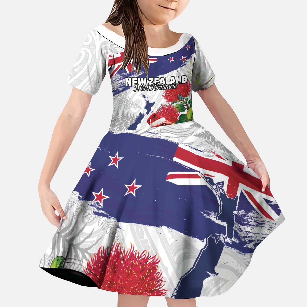 New Zealand Christmas Kid Short Sleeve Dress Meri Kirihimete-Tuatara and Pohutukawa White Color LT03 KID White - Polynesian Pride