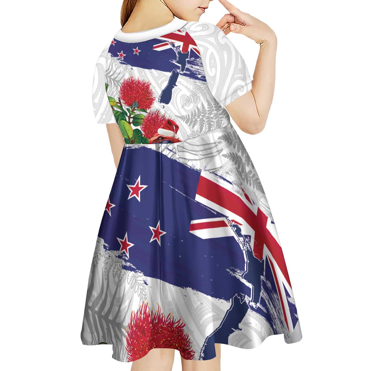 New Zealand Christmas Kid Short Sleeve Dress Meri Kirihimete-Tuatara and Pohutukawa White Color LT03 - Polynesian Pride